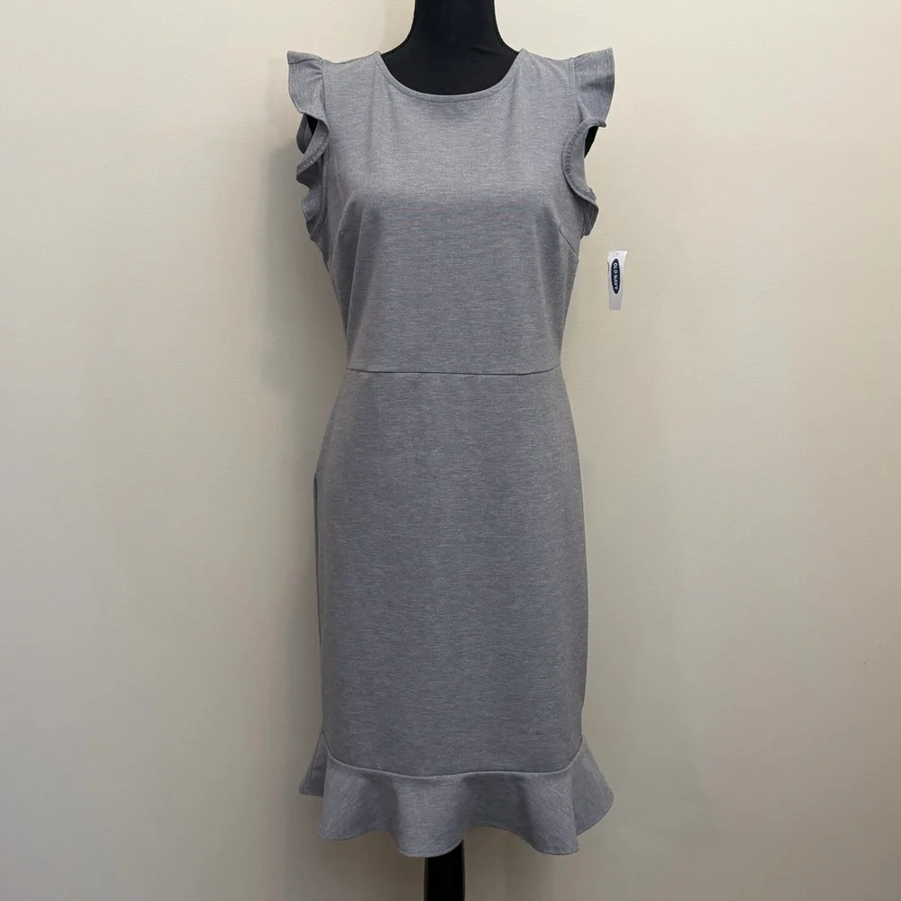 NWT Old Navy Gray Midi Dress Womens M Ruffle Sleeves Sheath Minimalist Stretch - Picture 1 of 11